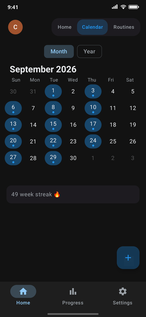Kilo calendar for September 2026 with each workout day marked and a 49 week streak