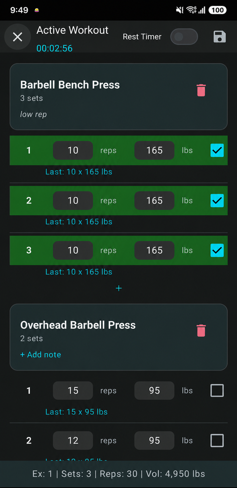 Kilo's active workout screen on an Android phone
