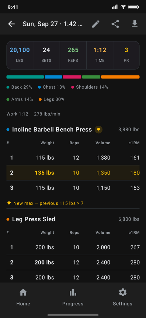 Kilo's workout summary on an Android phone, with a new personal record highlighted