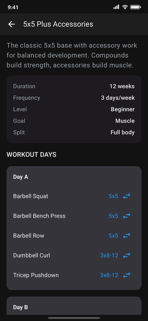 Kilo program screen for 5x5 Plus Accessories: 12 weeks, 3 days per week, with the exercises for Day A