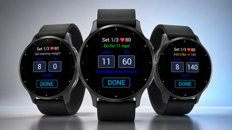 Three Garmin watches running Kilo, showing set targets