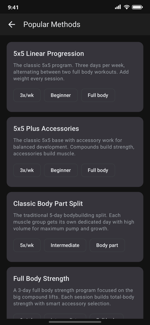 Kilo Popular Methods screen listing 5x5 Linear Progression, 5x5 Plus Accessories, Classic Body Part Split and Full Body Strength